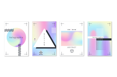 Holographic shapes posters. Trendy gradients metallic stains backgroun