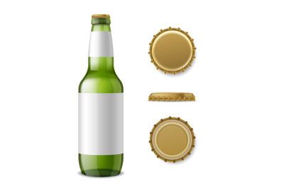 Glass beer bottle mockup. Realistic 3d drink packaging&2C; alcohol green