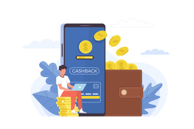 Cashback. Small people and big items coins, huge smartphone and purse,