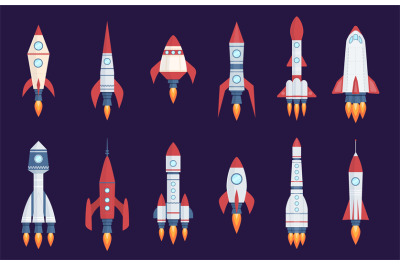 Rocket icons. Starting spaceships and spacecrafts, speed shuttles coll