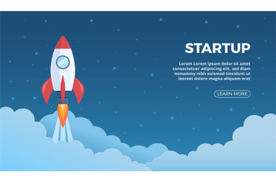 Project launch. Business startup landing page with rocket symbol&2C; star