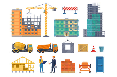 Construction process. Building site elements, machinery and workers, u