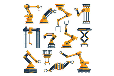 Robotic arms. Technological factory equipments elements, automatic ele