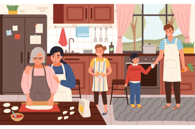 Big happy family cooking time. Parents, children and grandmother toget