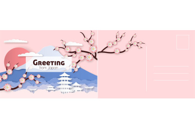 Travel postcard. Japanese card with sakura flowers, historical buildin