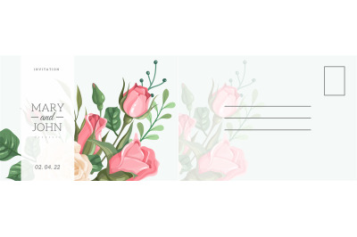 Wedding postcard. Romantic card with elegant rose flowers and leaves&2C;