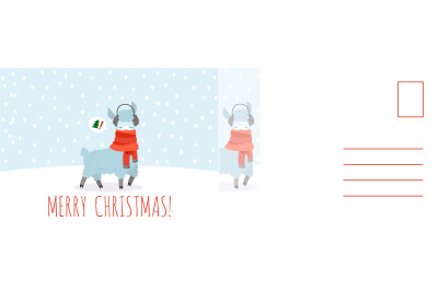 Merry Christmas card. Happy new year postcard with llama in scarf, win