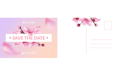 Wedding postcard. Romantic card with realistic sakura branches&2C; bouque