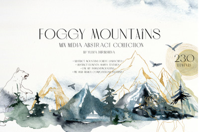 Foggy mountains and forest. Watercolor abstract mix media collection