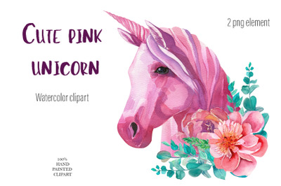 Cute pink unicorn clipart Watercolor