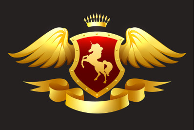 Golden Unicorn Shield with Ribbon and Crown