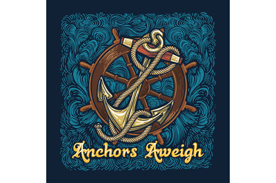 Anchor in Ropes with Ship Wheel Retro Poster