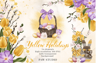 Easter Spring Clipart Yellow Tulips Willow Twigs Basket Bunny Eggs