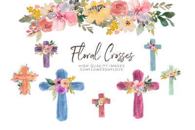 Watercolor Floral Crosses clipart, First Communion Flower cross