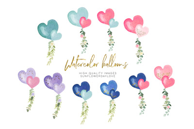 Heart Balloon Watercolor clipart, Pink Balloon Flowers clipart