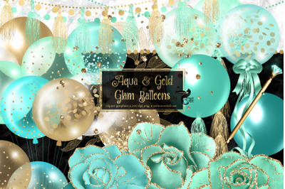Aqua and Gold Glam Balloons Clipart
