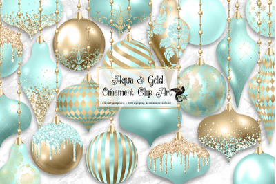 Aqua and Gold Ornaments Clipart