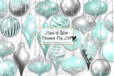Aqua and Silver Ornaments Clipart