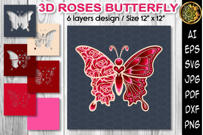 3D Layered Roses Butterfly SVG Papercut Template