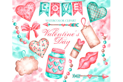 Valentine&#039;s day watercolor clipart. Love clipart. Watercolor hearts