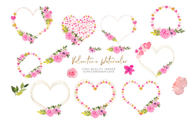 Heart Floral Pink Gold Frame Clipart&2C; Geometric Heart&2C; Flower Borders