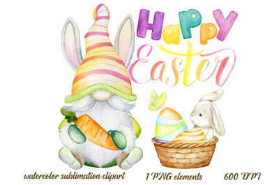 Watercolor clip art, Easter Bunny Gnome Sublimation Design Download, G