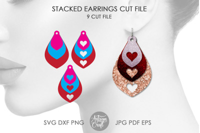 Teardrop earrings SVG, heart cut out, stacked earrings