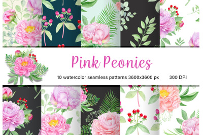 Watercolor pink peony seamless patterns. Pink peonies flowers