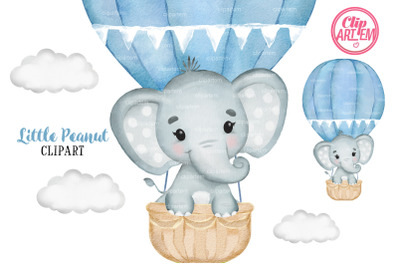Watercolor Elephant Hot Air Balloon Blue Cloud PNG