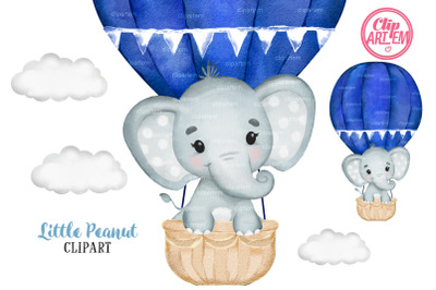 Hot Air Balloon Elephant Dark Blue Navy Watercolor Adventure Clip Art