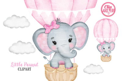 Pink Girl Elephant in Hot Air Balloon Pink Watercolor Adventure PNG
