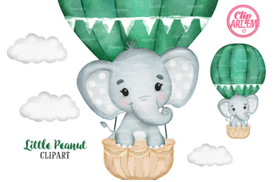 Hot Air Balloon Green Boy Elephant Watercolor PNG