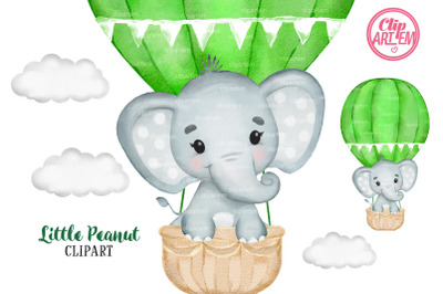 Lime Green Elephant Boy Hot Air Balloon Watercolor  PNG