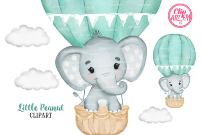 Mint Green Elephant Hot Air Balloon Watercolor PNG