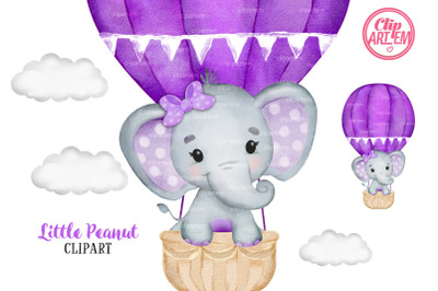Watercolor Purple Elephant Girl Hot Air Balloon Png
