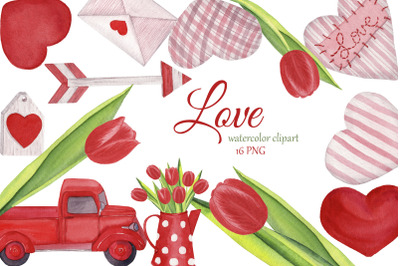 Watercolor Valentine Love clipart, hearts png