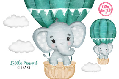 Watercolor Turquoise Elephant Boy Hot Air Balloon