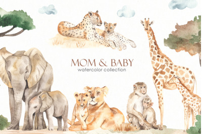 Mom and baby animals Watercolor
