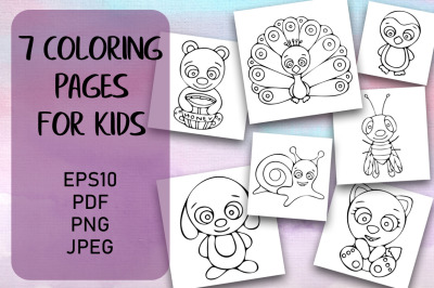 7 Coloring Pages For Kids. Hand-drawn Animals.