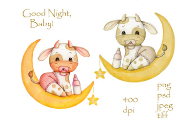 Baby Bull on Moon. Watercolor art. Cute illustration for children.