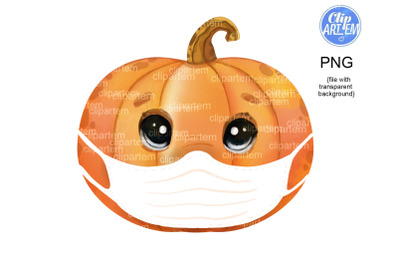 Pumpkin Virus Face Mask Watercolor Clip Art PNG