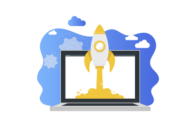 Launch rocket from laptop, business startup concept