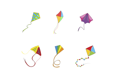 Flying kite colored collection. Vector flying kite on rope