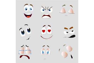 Cartoon face smile cry, angry and love