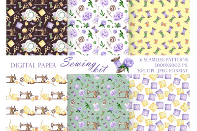 Sewing kit watercolor seamless patterns. Sewing machine, threads