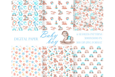 Digital paper Baby boy. Watercolor seamless patterns Newborn. Children