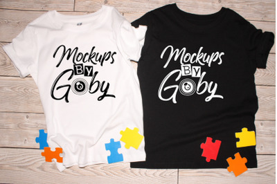 Black &amp; White T-shirt Mockups, Child Autism Mocku Ups, Puzzle Pieces,