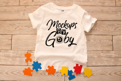 White T-shirt Mockups&2C; Child Autism Mocku Ups&2C; Puzzle Pieces&2C; Digital