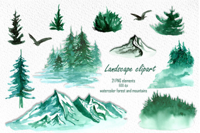 Watercolor landscape clipart PNG, foggy forest, mountains