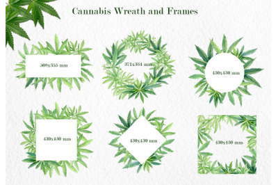 Cannabis leaves. Watercolor frame clipart. Hand drawn marijuana. 6 PNG